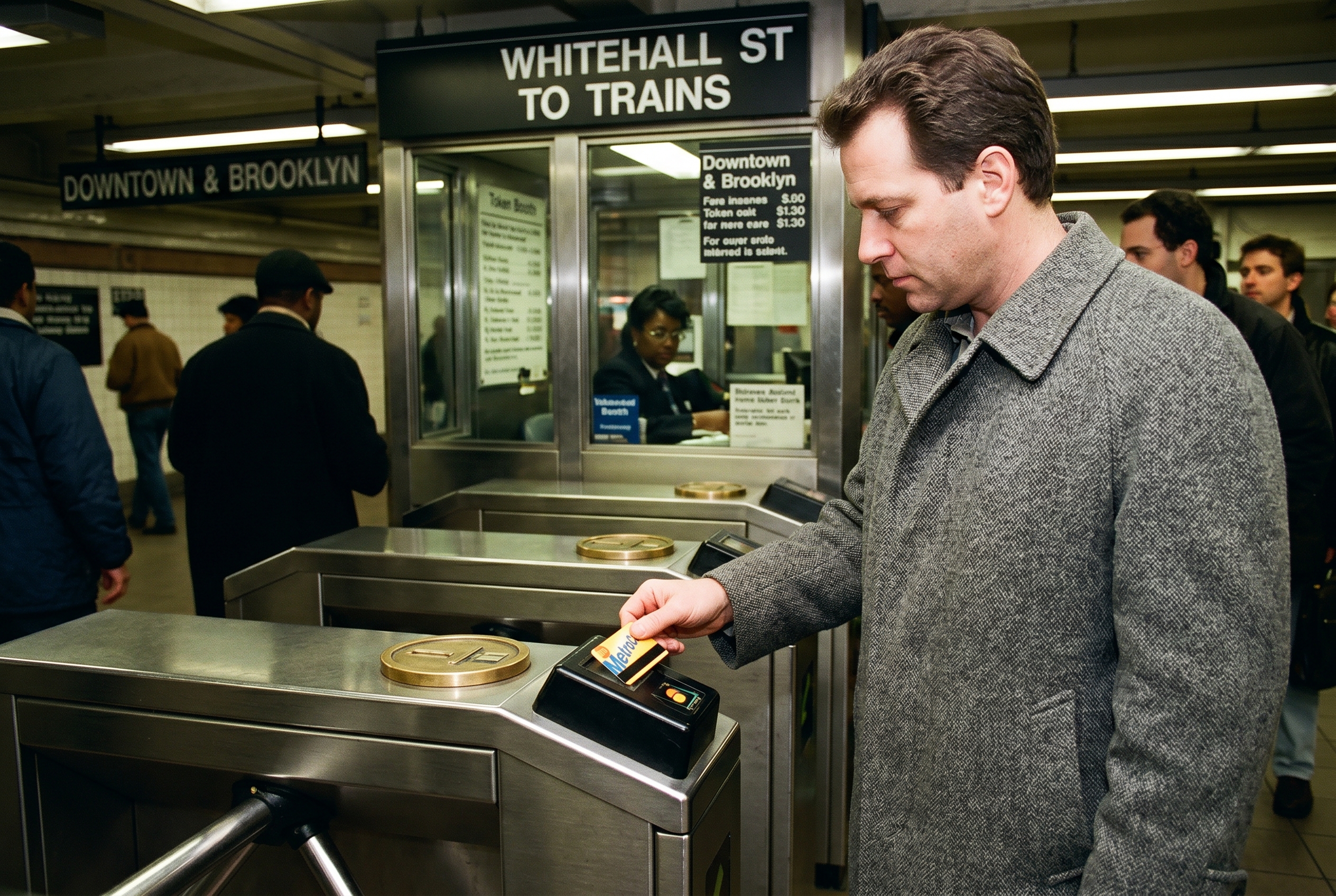 Color editorial photograph, available light, ca. 1994. The Whitehall Street station turnstile bank in lower Manhattan. A rider in his mid-forties, wool overcoat, swipes a yellow-and-blue MetroCard through a magnetic-stripe reader retrofitted to the side of a token turnstile. The brass token slot on the same turnstile remains in place; both fare media run in parallel. A token-booth clerk visible in the background through laminated glass. Mid-morning, off-peak. Documentary, not staged. Period-accurate signage in MTA condensed sans-serif.