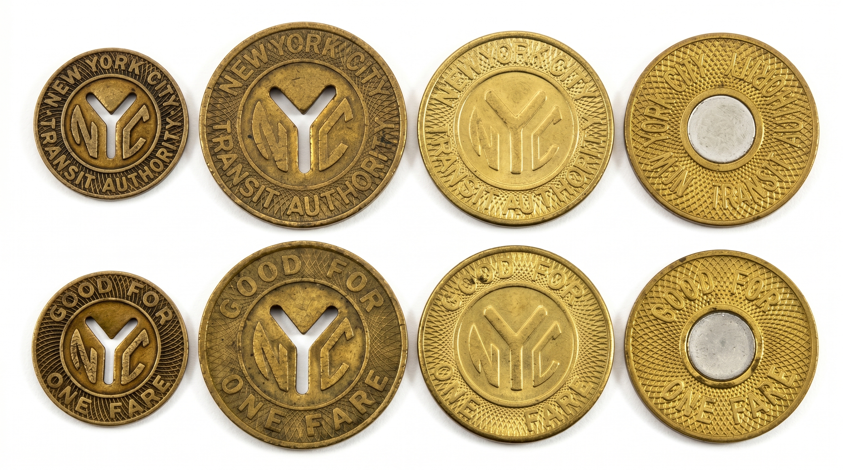 Color close documentary photograph, available indoor light, ca. 1994, mid-frame: a bare adult hand emerging from the cuff of a wool coat sleeve, palm up, three brass NYC Transit Authority Bullseye subway tokens loosely stacked in the center of the palm. The tokens are visibly bi-metallic — brass outer rings around solid steel-tone center discs, no through-holes — and show ordinary handling wear, with central polish from thumb contact. Out of focus in the background: the green-painted bars of a subway turnstile and the low fluorescence of a station mezzanine. Shallow depth of field; the hand and the tokens are sharp, the turnstile is soft. Reportage register; no readable signage.