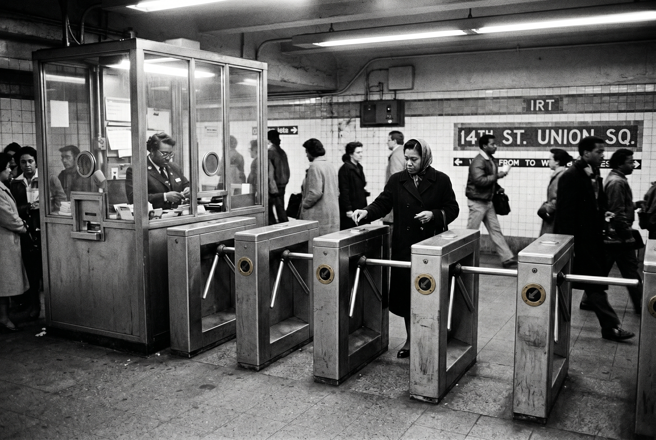 Black-and-white documentary photograph, ca. 1990, the IRT mezzanine of 14th Street–Union Square station. A bank of eight token turnstiles in a row, three-armed metal rotors mounted on steel posts at waist height, brass collars worn smooth at the slot. To the left of the bank, a token-clerk booth: a small glass-walled enclosure with a clerk visible inside, quarter-inch laminated glass between him and the platform, a counter-height slot for cash and tokens. A handful of riders moving through the turnstiles; one woman dropping a token into a slot. Fluorescent lighting; tile walls. Available light, not staged.